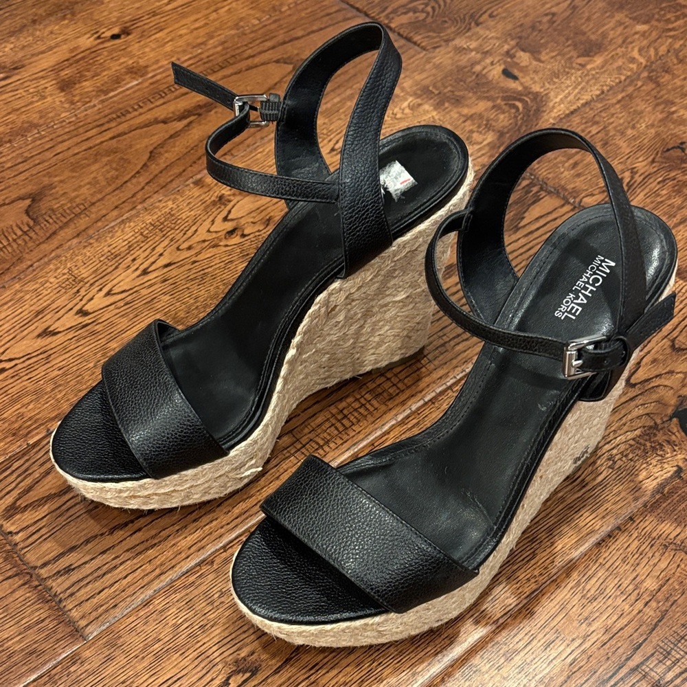 Michael Kors Black and Tan Wedge Sandals